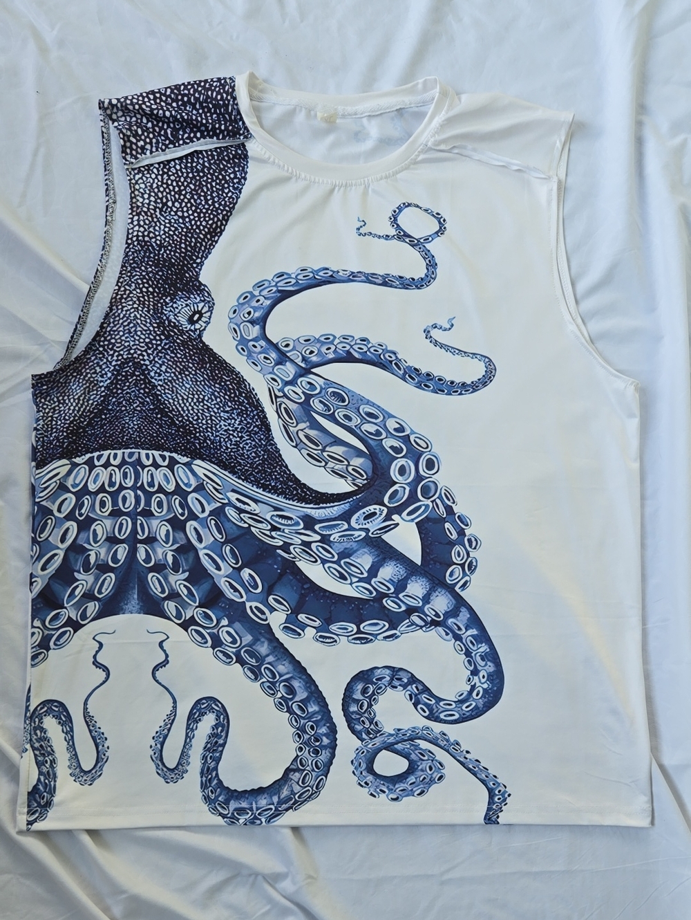 Men's White Round Neck Muscle Tank  Tee Large Blue Octopus Printed Front & Back